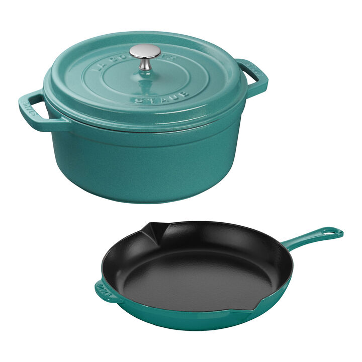 Cast Iron, 3-pc, Cocotte and Fry Pan Set, Turquoise, large 1