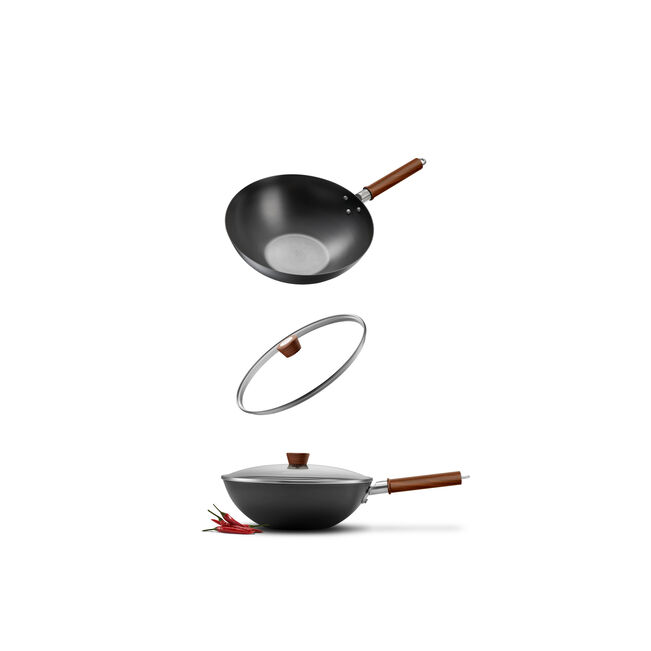 Japanese-Style 28cm Frying Pan with Glass Lid & Wooden-Style Handle Ideal for high-heat cooking and stir frying Suitable for all cooktops, including induction 3