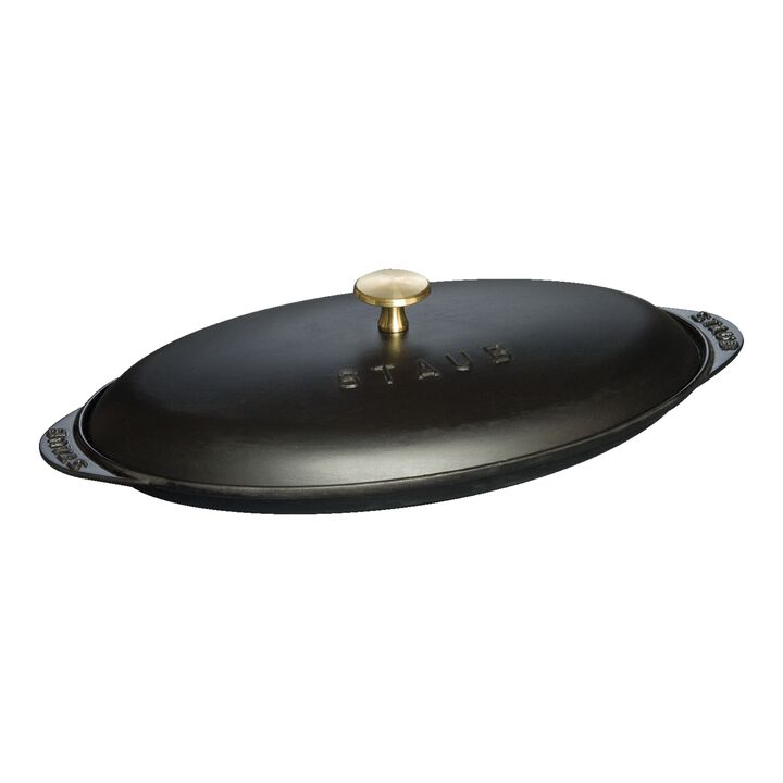 Cast Iron, 12.25 inch, Oval, Covered Fish Pan, Black Matte, large 1