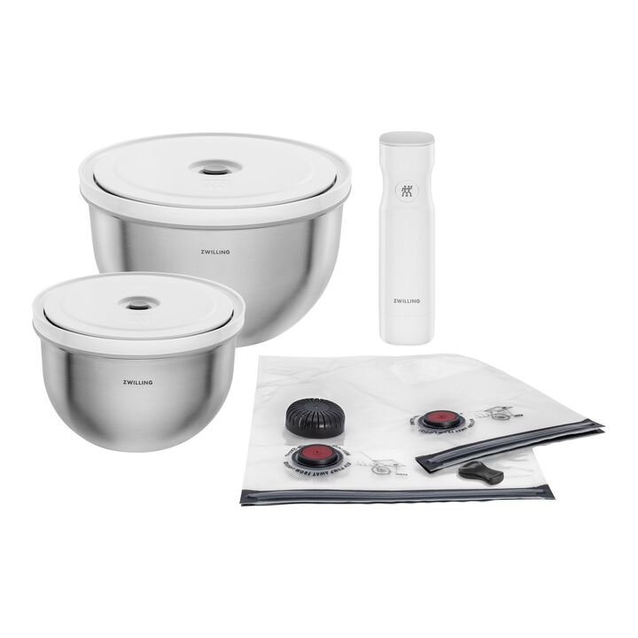 Fresh & Save BOWLS, Vakuum Starter Set, Edelstahl / M/L, 9-tlg, Silber-Weiß, large 1