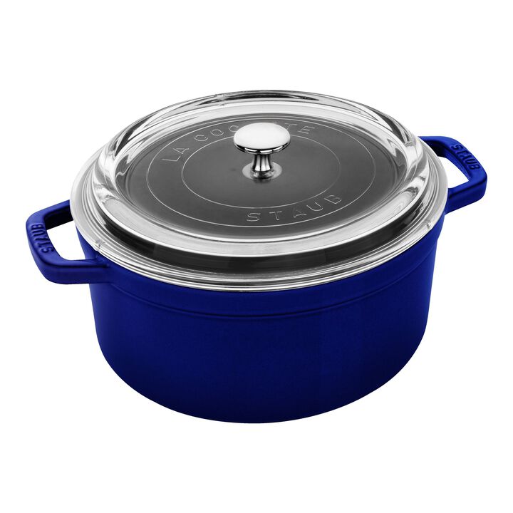 Cast Iron, 4 qt, Round, Glass Lid Dutch Oven, Dark Blue, large 1