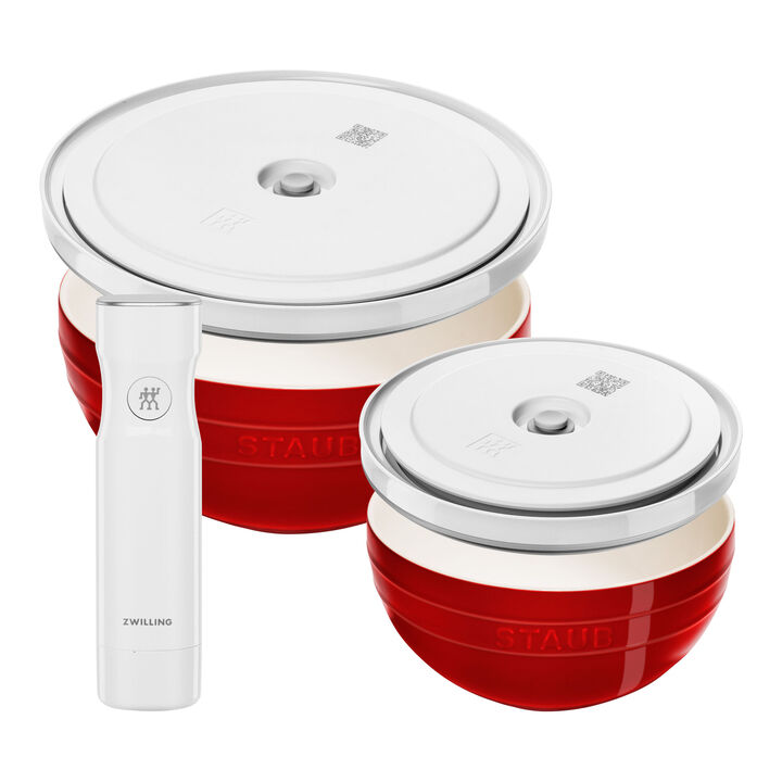 Fresh & Save BOWLS, Schüssel-Set mit Vakuumpumpe und -deckeln, 18 cm/ 24 cm/ 5-tlg., Kirschrot/ Weiß, Keramik, large 1
