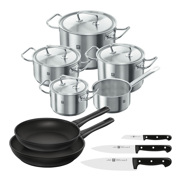 Set di pentole, padelle e coltelli, 10-pz. / 20/28 cm, argento / nero, Acciaio, large 1