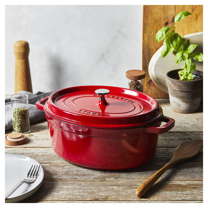 Cast Iron, 5.75 qt, Oval, Dutch Oven, Cherry, large 2
