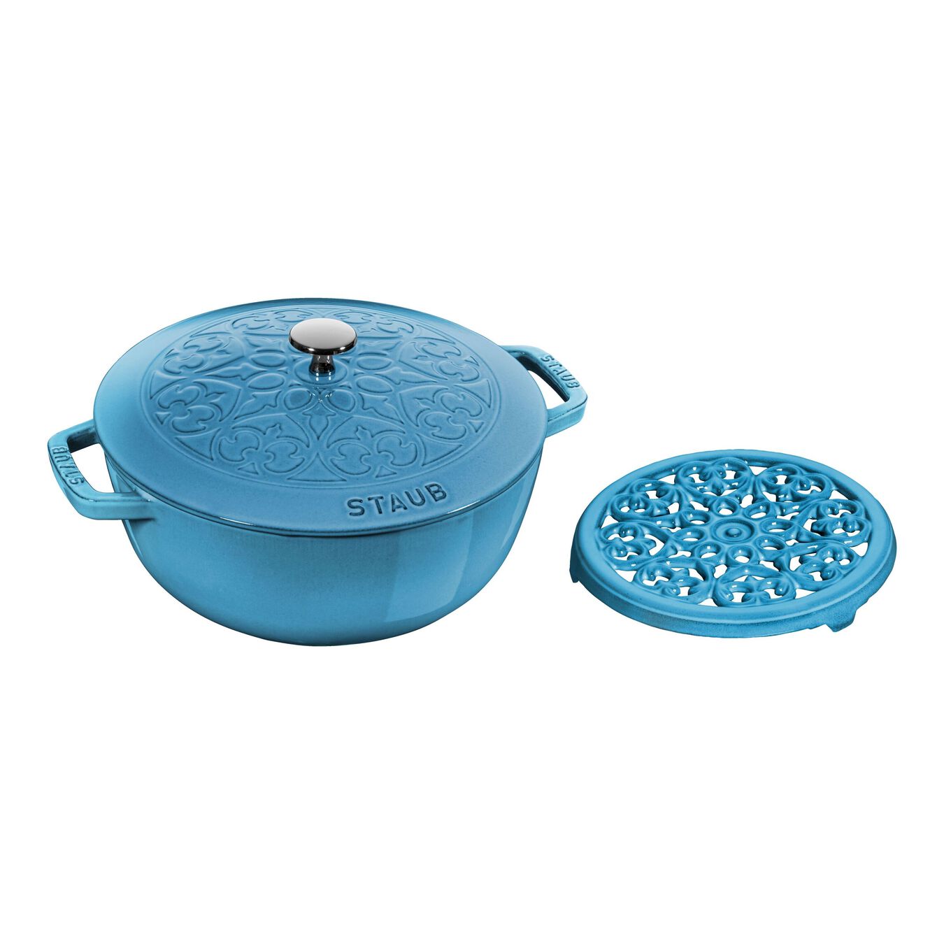 Staub Cast iron Pot set, lily decal, 2 Piece round cast iron ice