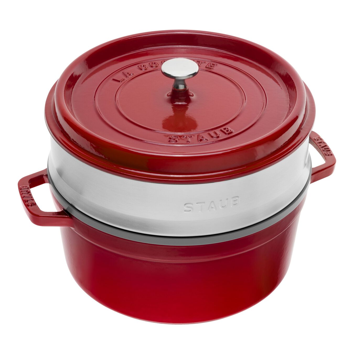 5.25 l cast iron round Cocotte with steamer, cherry,,large 1