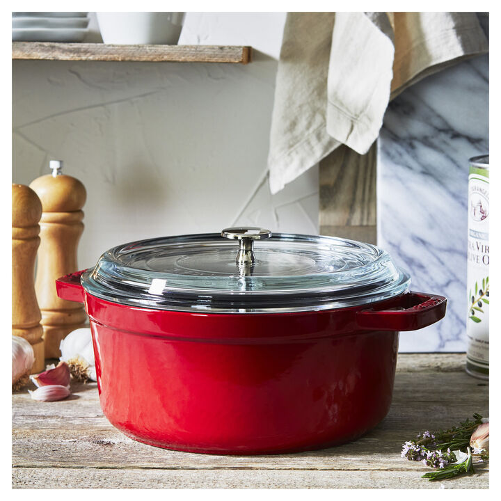 Cast Iron, 4 qt, Round, Glass Lid Dutch Oven, Cherry, large 4