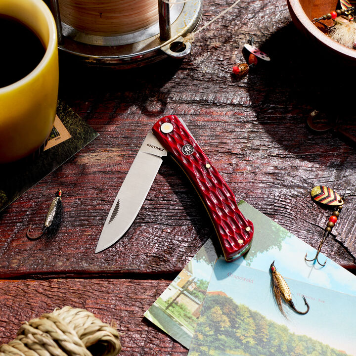Outdoor, 3-inch, Landman Sodbuster Folding Pocket Knife, Red Jigged Bone, large 2