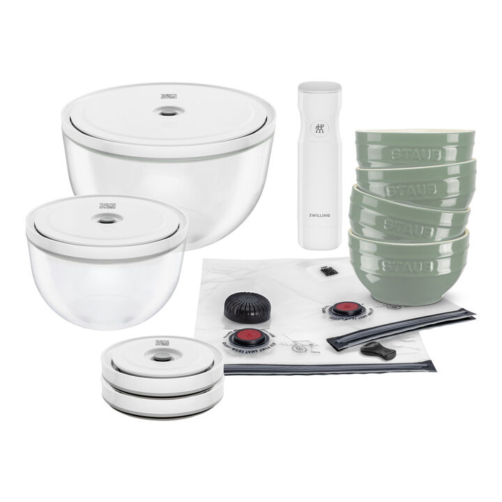 Fresh & Save Bowls, Vakuumschüssel Starterset, 15-tlg. / S/M/L, Eukalyptus/Transparent, Keramik/Glas, large 1