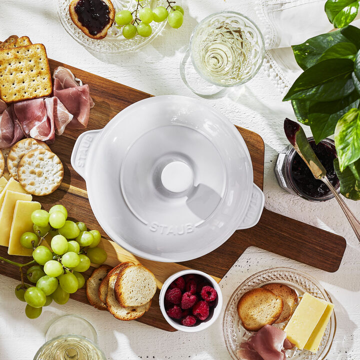 Stoneware, Round, Covered Brie Baker, White, large 4