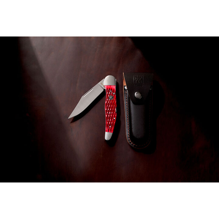 Outdoor, 4-inch, Folding Pocket Knife With Leather Sheath, Red Jigged Bone, large 4