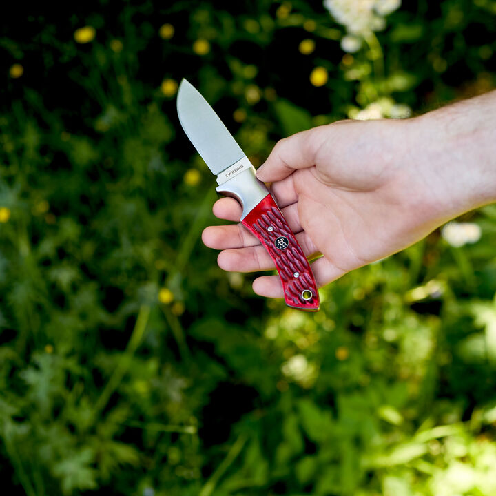 Outdoor, 3.5-inch, Hunting Knife With Leather Sheath, Red Jigged Bone, large 3