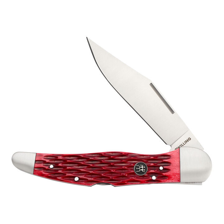 Outdoor, 4-inch, Folding Pocket Knife With Leather Sheath, Red Jigged Bone, large 1