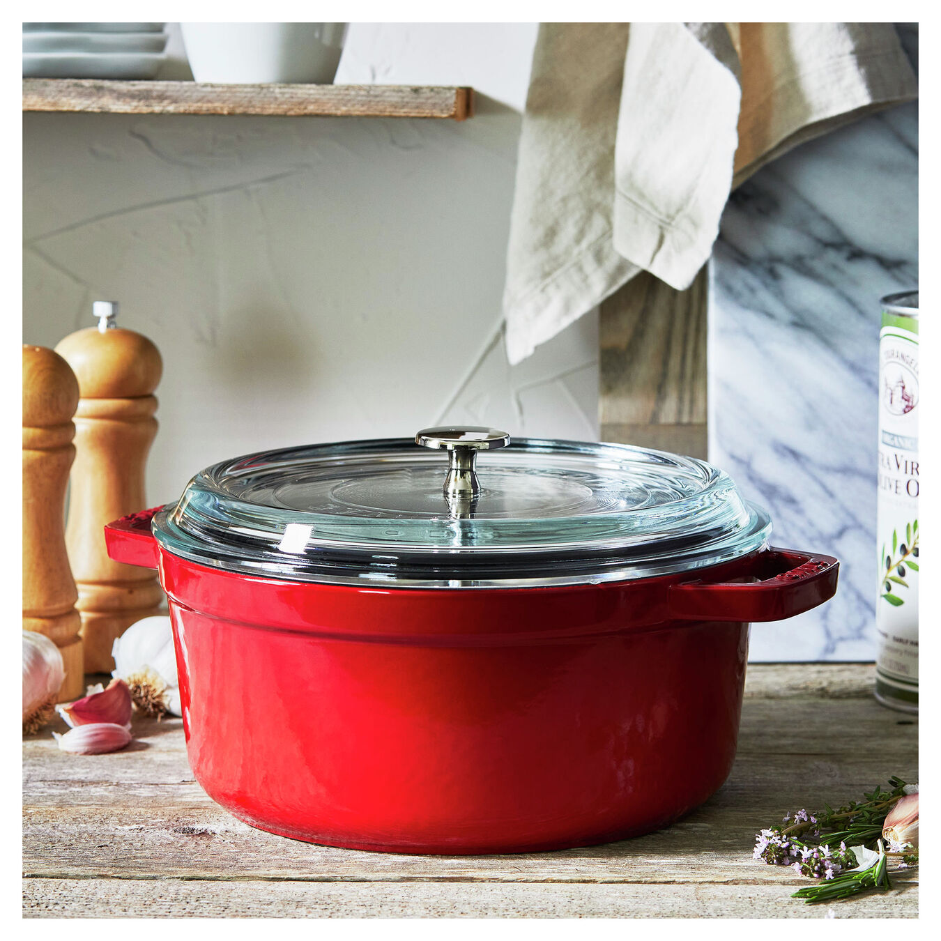 3.8 l cast iron round Cocotte with glass lid, cherry,,large 4