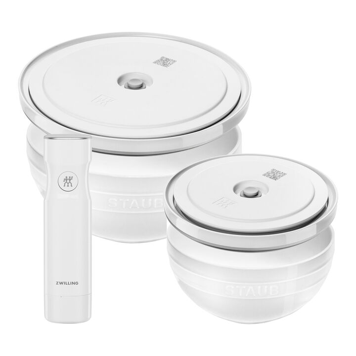 Fresh & Save BOWLS, Schüssel-Set mit Vakuumpumpe und -deckeln, 18 cm/ 24 cm/ 5-tlg., Weiß, Keramik, large 1