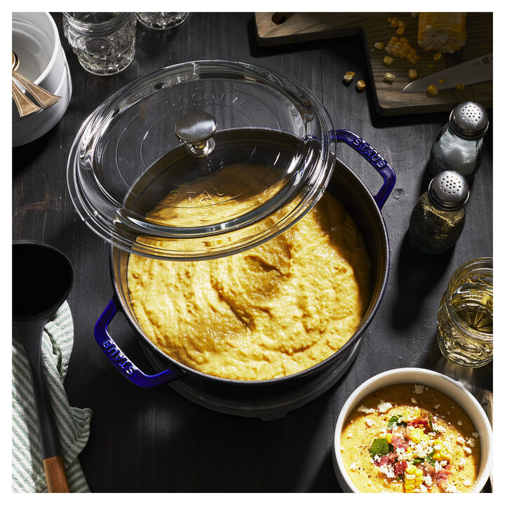 Cast Iron, 4 qt, Round, Glass Lid Dutch Oven, Dark Blue, large 2