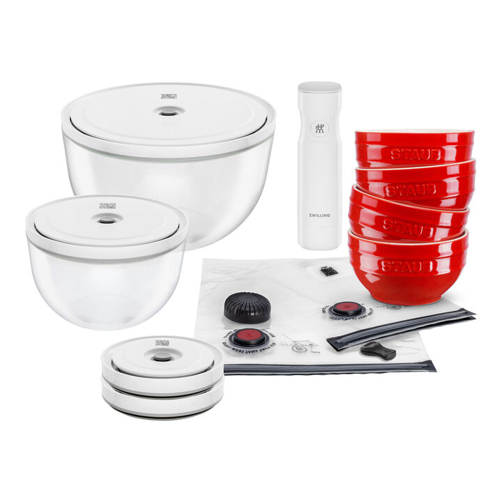 Fresh & Save Bowls, Vakuumschüssel Starterset, 15-tlg. / S/M/L, Kirsch-Rot/Transparent, Keramik/Glas, large 1