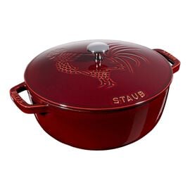 Staub Cast Iron - Specialty Shaped Cocottes, 3.75 qt, Essential French Oven Rooster Lid, grenadine