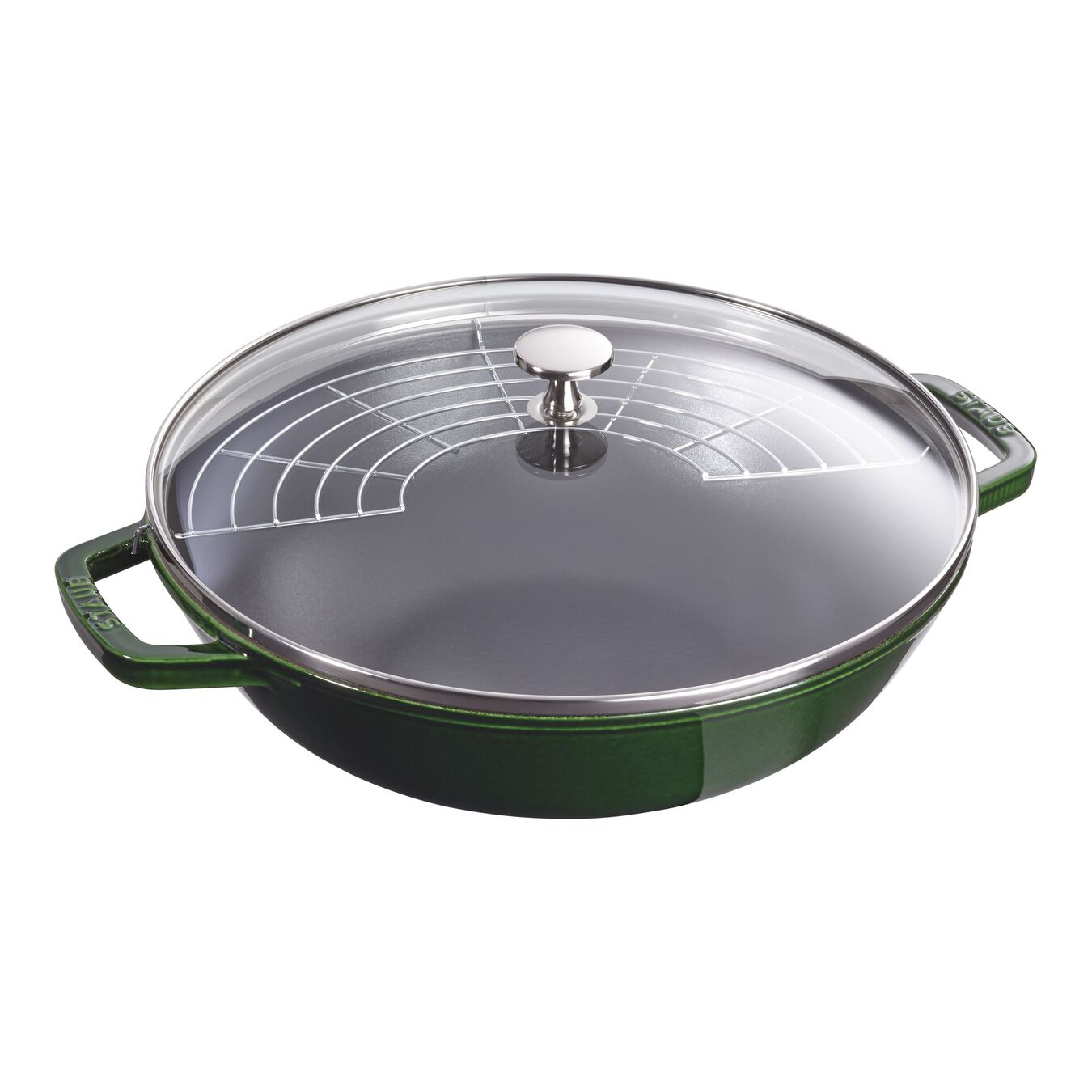 30 cm / 12 inch cast iron Wok with glass lid, basil-green,,large 1