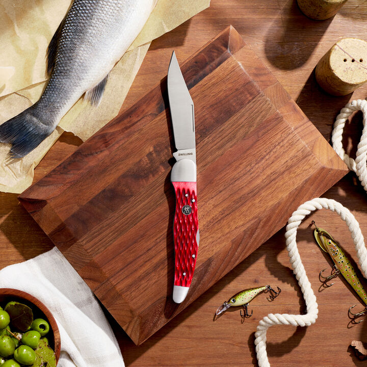 Outdoor, 4-inch, Folding Pocket Knife With Leather Sheath, Red Jigged Bone, large 2
