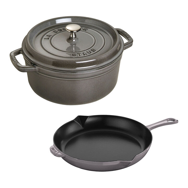 Cast Iron, 3-pc, Cocotte and Fry Pan Set, graphite grey, large 1