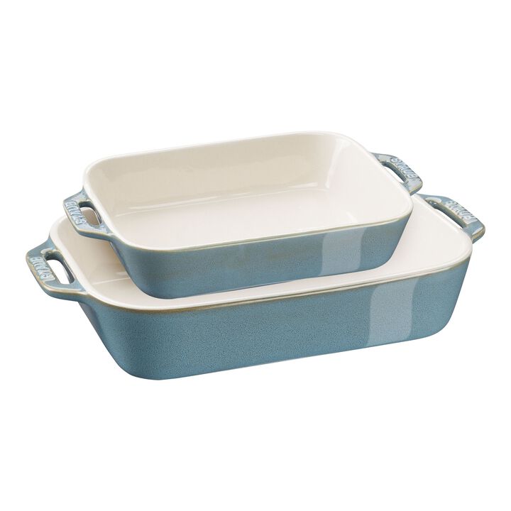 Stoneware, 2-pc, Rectangular Baking Dish Set, rustic turquoise, large 1