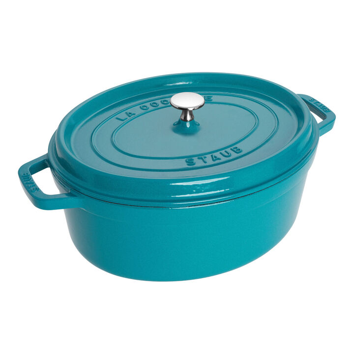 Cast Iron, 5.75 qt, Oval, Dutch Oven, Turquoise, large 1