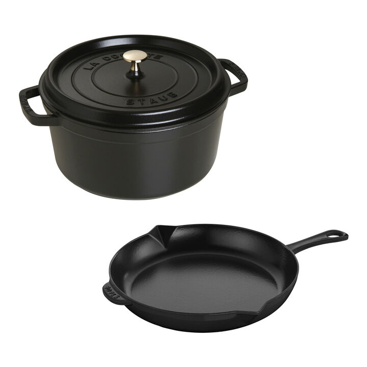 Cast Iron, 3-pc, Cocotte and Fry Pan Set, black matte, large 1