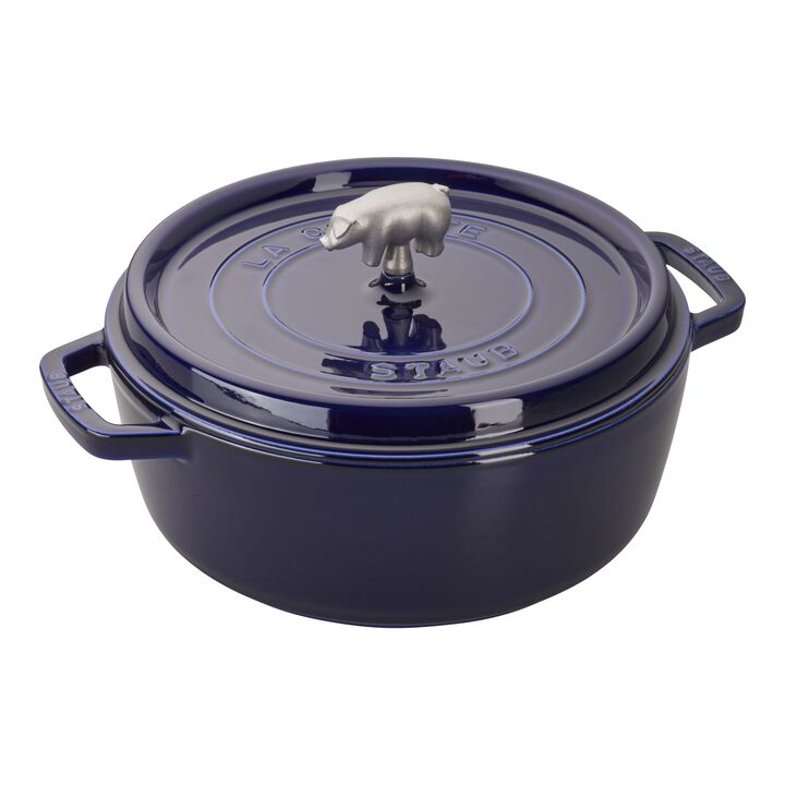 Cast Iron, 6 qt, Pig, Cochon Shallow Wide Round Dutch Oven, Dark Blue, large 1
