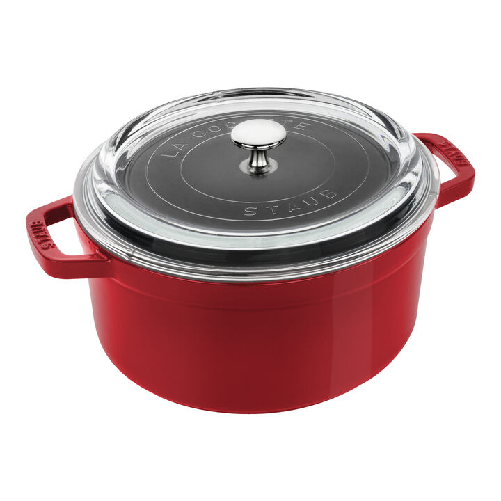 Cast Iron, 4 qt, Round, Glass Lid Dutch Oven, Cherry, large 1