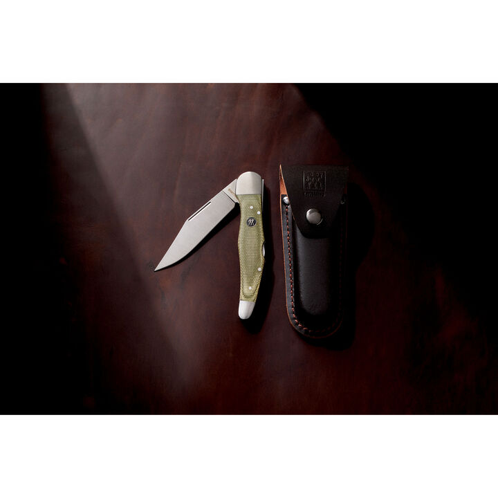Outdoor, 4-inch, Folding Hunter Pocket Knife With Leather Sheath, Green Micarta, large 4