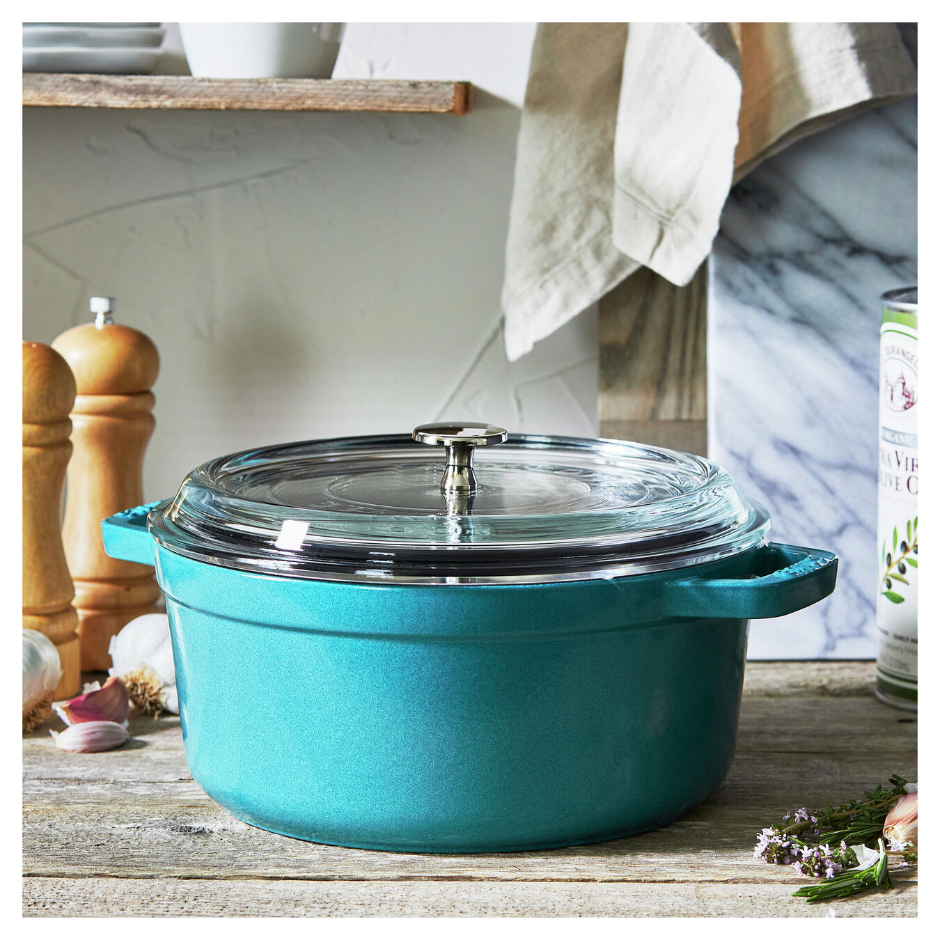 4 qt, round,  Glass Lid Cocotte, turquoise,,large 5
