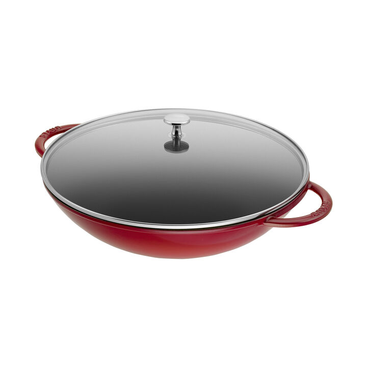 Specialities, 37 cm / 14.5 inch cast iron Wok with glass lid, cherry, large 2