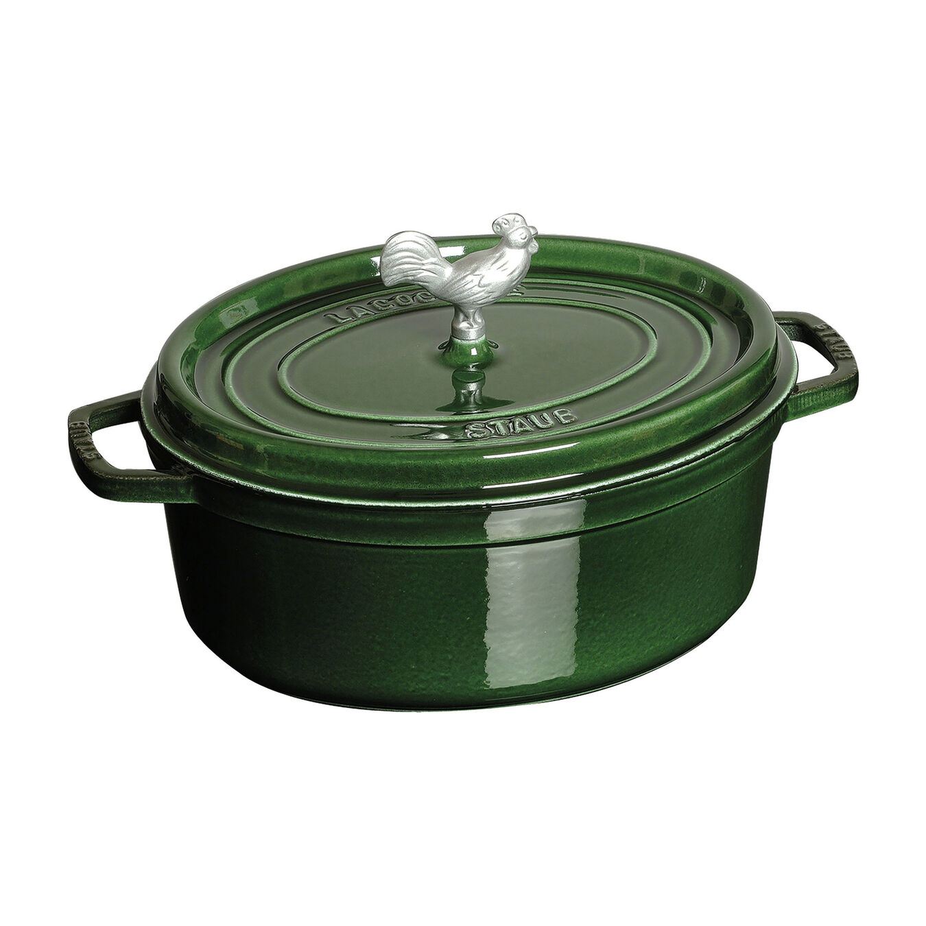 5.5 l cast iron oval Cocotte with rooster knob, basil-green,,large 1