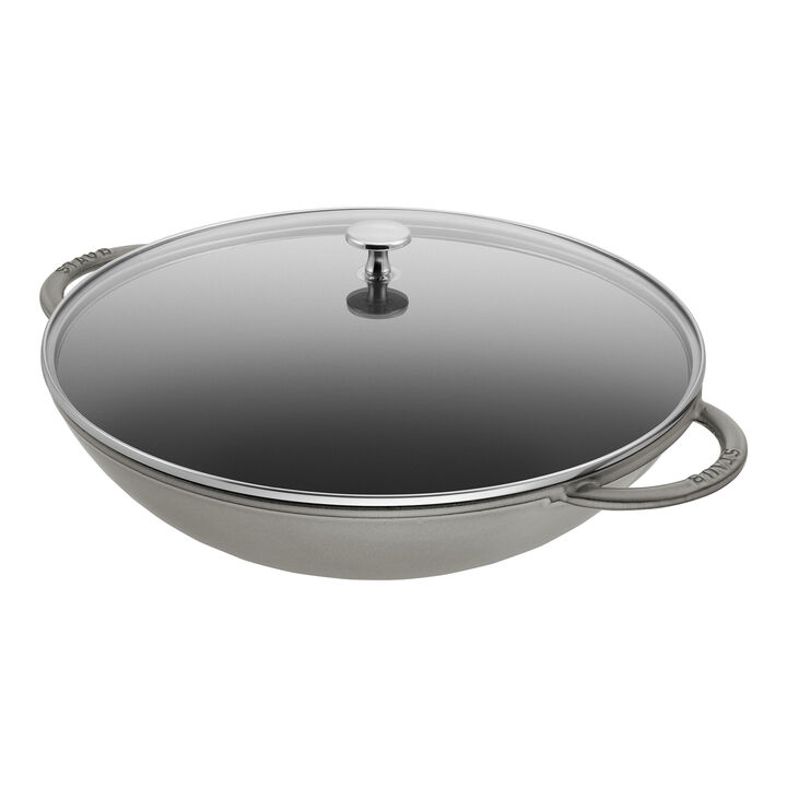 Specialities, 37 cm / 14.5 inch cast iron Wok with glass lid, graphite-grey, large 1