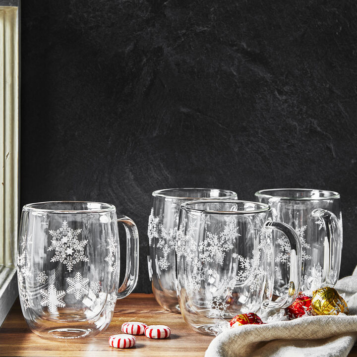 Sorrento Double Wall Glassware, 4-pc  Coffee Glass Mug Snowflake Set, large 4