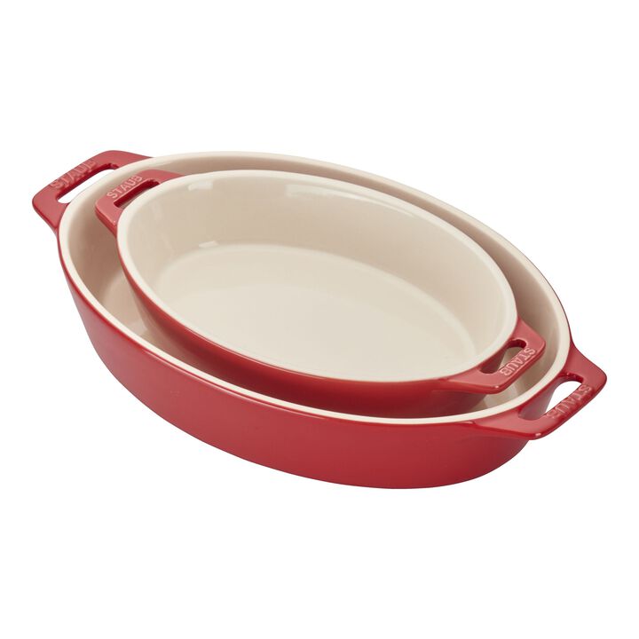 Stoneware, 2-pc, Oval Baking Dish Set, cherry, large 1