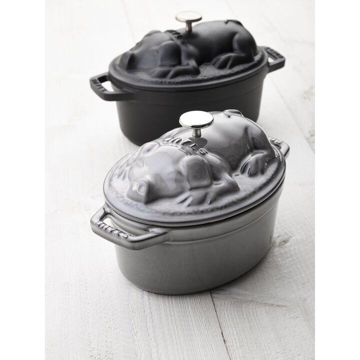 Cast Iron, 1.1 qt, Oval, Pig Dutch Oven, Graphite Grey, large 2