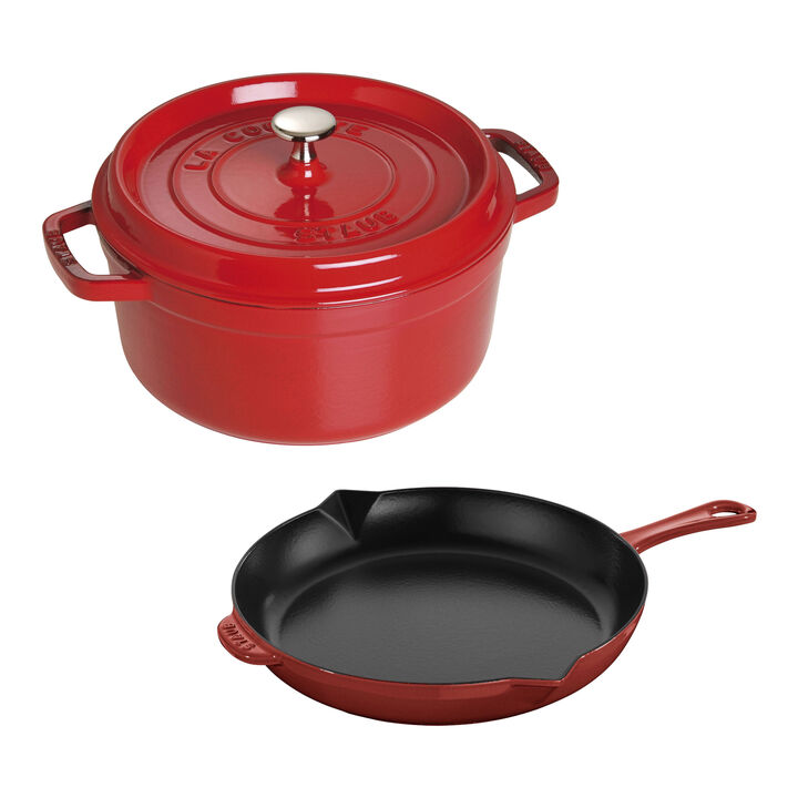 Cast Iron, 3-pc, Cocotte and Fry Pan Set, cherry, large 1
