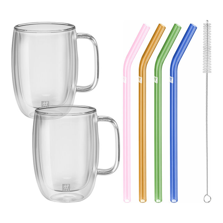 Set bicchieri da latte & cannucce, 7-pz., trasparente / colori misti, Vetro, large 1