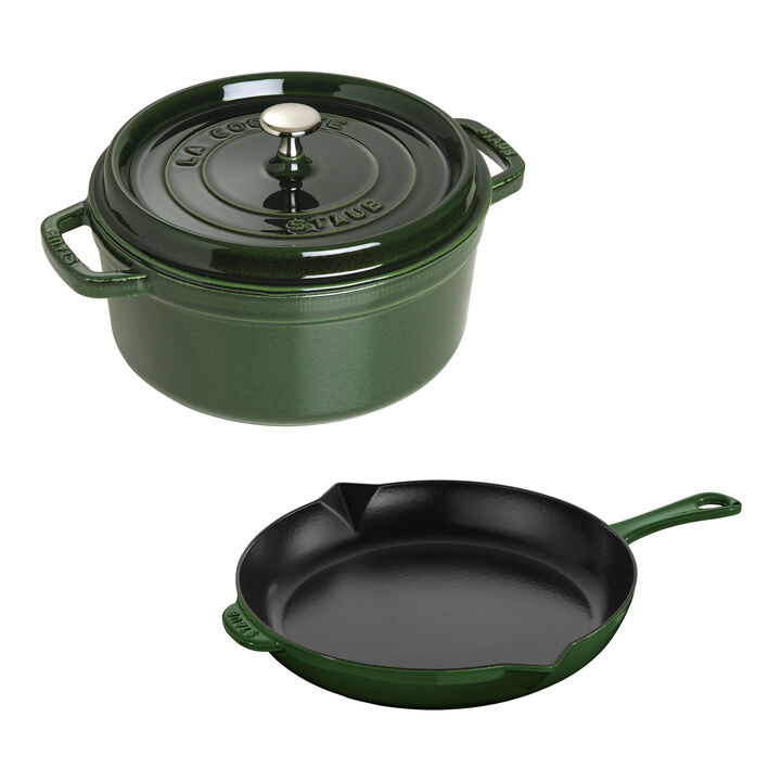 Cast Iron, 3-pc, Cocotte and Fry Pan Set, basil, large 1