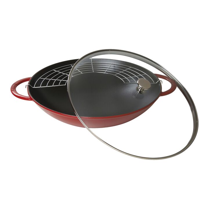 Specialities, 37 cm / 14.5 inch cast iron Wok with glass lid, cherry, large 1
