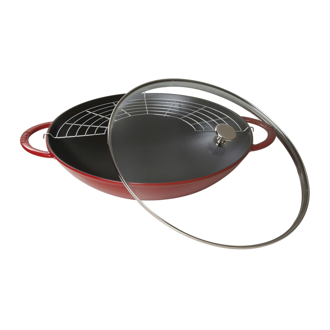 37 cm / 14.5 inch cast iron Wok with glass lid, cherry - Visual Imperfections,,large 1