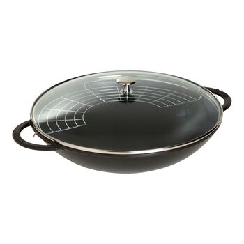 37 cm Cast iron Wok with glass lid black,,large 1