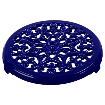 23 cm round cast iron Trivet, lily decal, dark-blue,,large 1