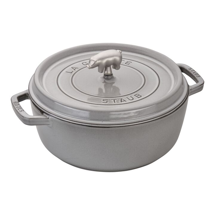 Cast Iron, 6 qt, Pig, Cochon Shallow Wide Round Dutch Oven, Graphite Grey, large 1