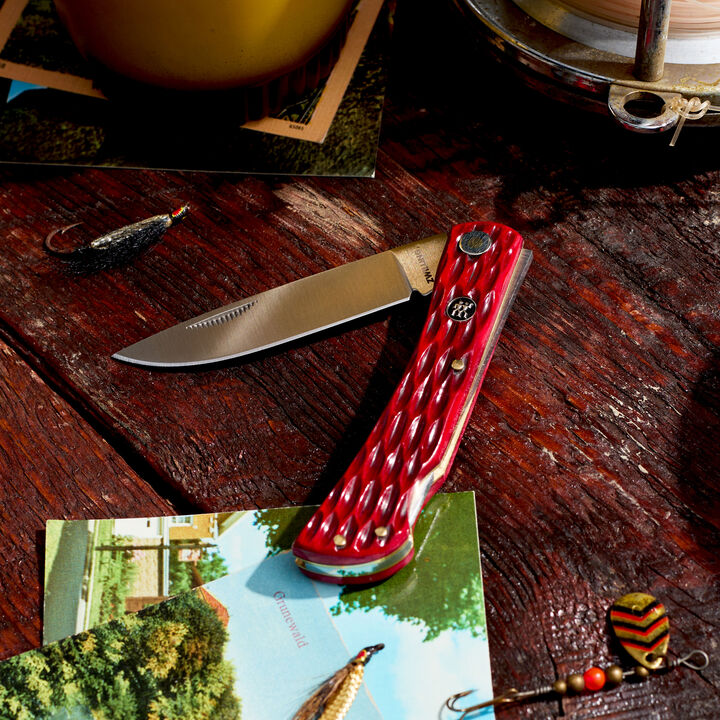 Outdoor, 3-inch, Landman Sodbuster Folding Pocket Knife, Red Jigged Bone, large 3