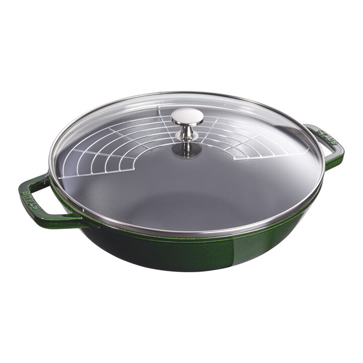 Specialities, 30 cm / 12 inch cast iron Wok with glass lid, basil-green, large 1