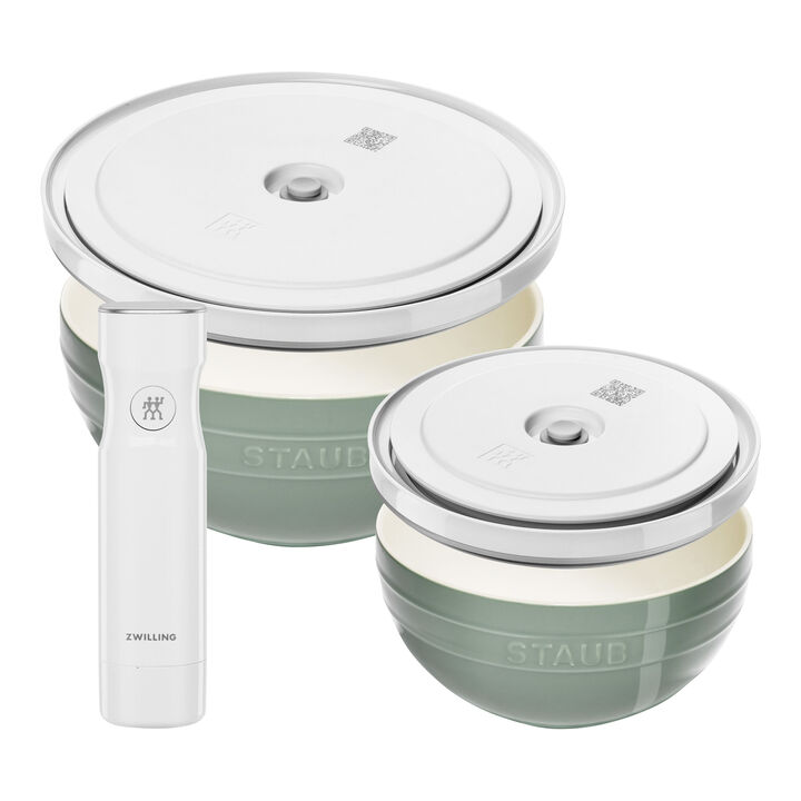 Fresh & Save BOWLS, Schüssel-Set mit Vakuumpumpe und -deckeln, 18 cm/ 24 cm/ 5-tlg., Eukalyptus/ Weiß, Keramik, large 1