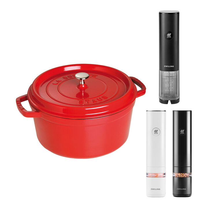 Matlagningsset med kryddkvarnar, vinöppnare och röd cocotte, 4 delar., large 1